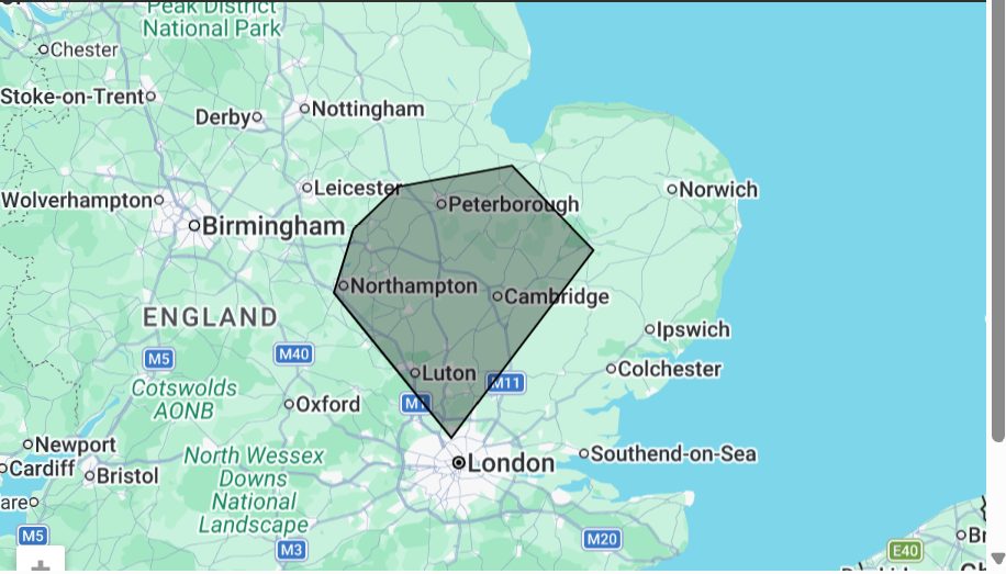 Oh My Gloss coverage area map — Bedfordshire and surrounding counties